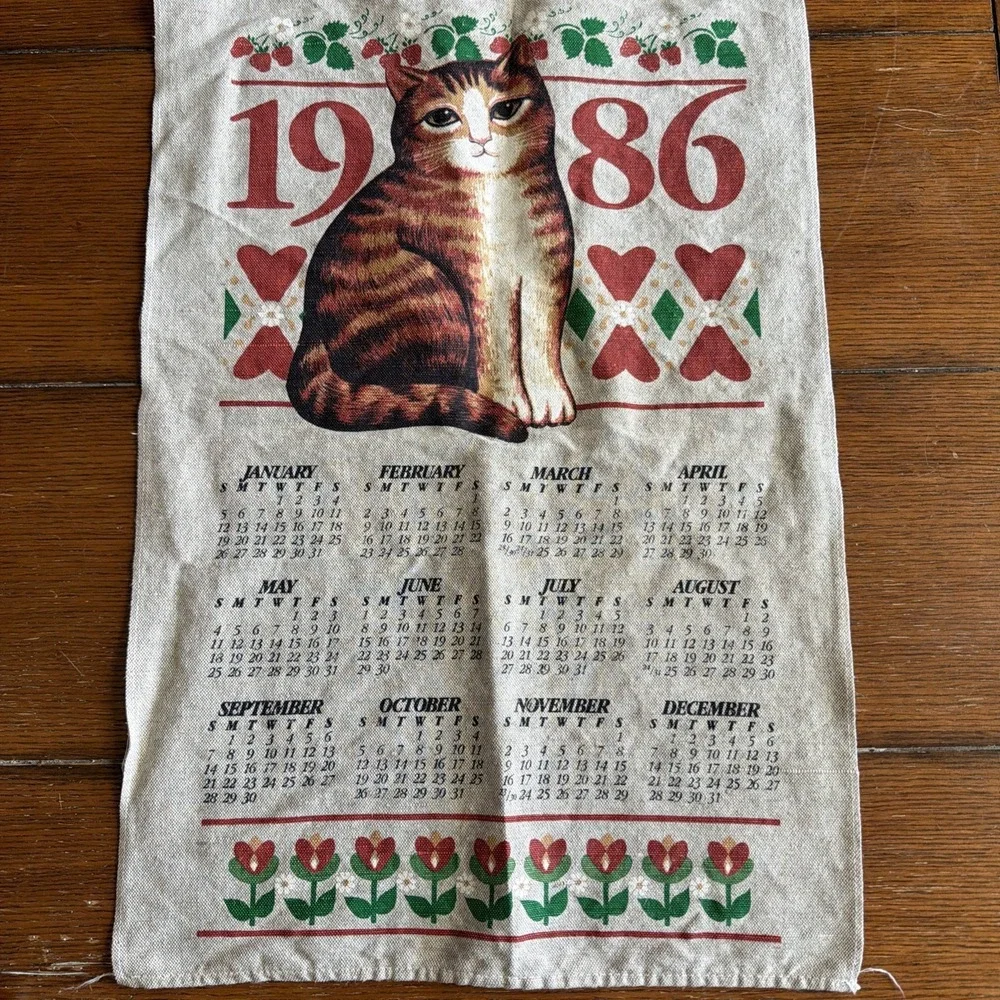 Vintage Linen Tea Towel Calendar 1986 Cats